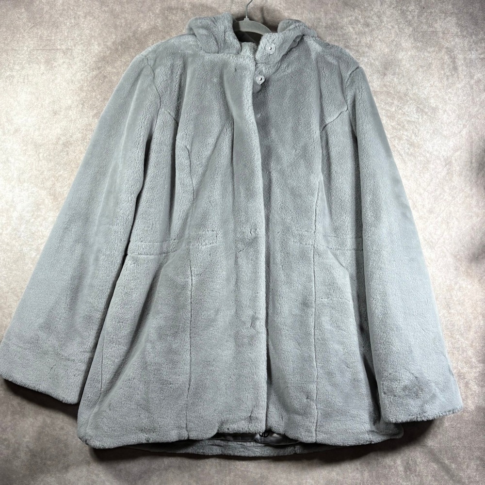 Dennis Basso Teddy Coat Jacket Womens Large Gray Faux Fur Hooded‎ Lined Soft